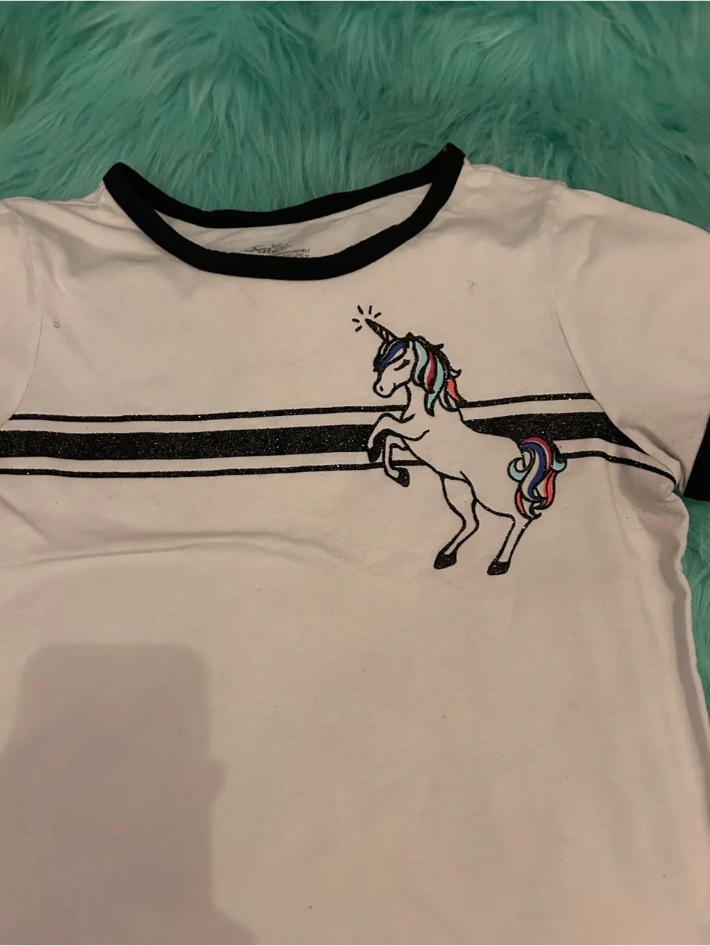 Justice White Ringer Tee with Black Trim and Unicorn Patch